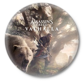 Значок с принтом Assassin’s Creed Valhalla в Белгороде,  металл | круглая форма, металлическая застежка в виде булавки | action | creed | eivor | rpg | ubisoft | valhalla | viking | vikings | англия | ассасин | ассасина | вальгалла | викинг | викинги | кредо | эйвор
