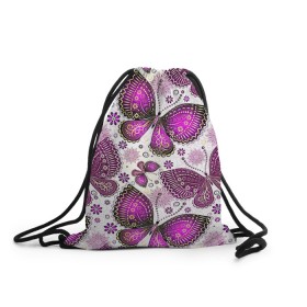 Рюкзак-мешок 3D с принтом Фиолетовые бабочки в Белгороде, 100% полиэстер | плотность ткани — 200 г/м2, размер — 35 х 45 см; лямки — толстые шнурки, застежка на шнуровке, без карманов и подкладки | бабочка | фиолетовый | цветы