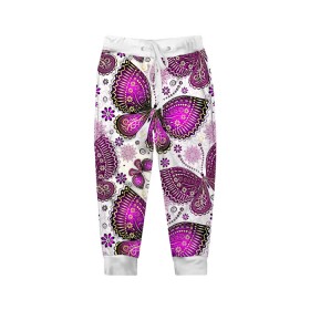 Детские брюки 3D с принтом Фиолетовые бабочки в Белгороде, 100% полиэстер | манжеты по низу, эластичный пояс регулируется шнурком, по бокам два кармана без застежек, внутренняя часть кармана из мелкой сетки | бабочка | фиолетовый | цветы