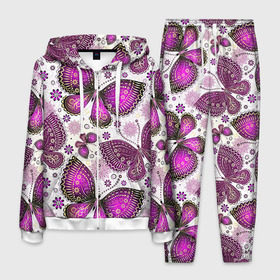 Мужской костюм 3D с принтом Фиолетовые бабочки в Белгороде, 100% полиэстер | Манжеты и пояс оформлены тканевой резинкой, двухслойный капюшон со шнурком для регулировки, карманы спереди | бабочка | фиолетовый | цветы