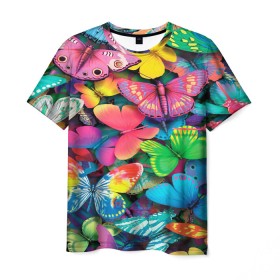 Мужская футболка 3D с принтом Радужный рой в Белгороде, 100% полиэфир | прямой крой, круглый вырез горловины, длина до линии бедер | бабочка | бабочки | белый | бирюзовый | зеленый | красный | розовый | серый | синий | фиолетовый | яркий цвет
