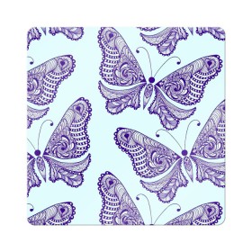 Магнит виниловый Квадрат с принтом Гжелевые бабочки в Белгороде, полимерный материал с магнитным слоем | размер 9*9 см, закругленные углы | бабочки | бирюзовый | гжель | синий
