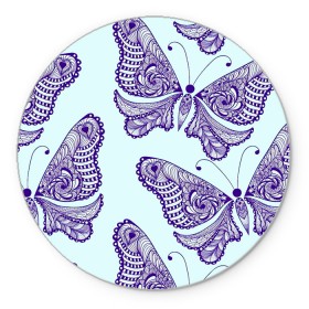 Коврик для мышки круглый с принтом Гжелевые бабочки в Белгороде, резина и полиэстер | круглая форма, изображение наносится на всю лицевую часть | бабочки | бирюзовый | гжель | синий