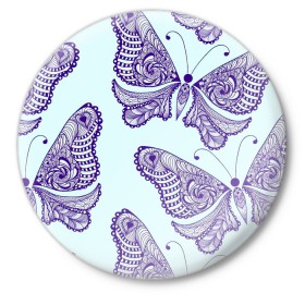 Значок с принтом Гжелевые бабочки в Белгороде,  металл | круглая форма, металлическая застежка в виде булавки | Тематика изображения на принте: бабочки | бирюзовый | гжель | синий