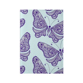 Обложка для паспорта матовая кожа с принтом Гжелевые бабочки в Белгороде, натуральная матовая кожа | размер 19,3 х 13,7 см; прозрачные пластиковые крепления | бабочки | бирюзовый | гжель | синий
