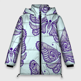 Женская зимняя куртка 3D с принтом Гжелевые бабочки в Белгороде, верх — 100% полиэстер; подкладка — 100% полиэстер; утеплитель — 100% полиэстер | длина ниже бедра, силуэт Оверсайз. Есть воротник-стойка, отстегивающийся капюшон и ветрозащитная планка. 

Боковые карманы с листочкой на кнопках и внутренний карман на молнии | Тематика изображения на принте: бабочки | бирюзовый | гжель | синий