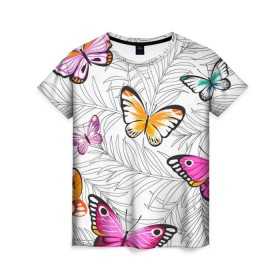 Женская футболка 3D с принтом Яркий рой в Белгороде, 100% полиэфир ( синтетическое хлопкоподобное полотно) | прямой крой, круглый вырез горловины, длина до линии бедер | бабочки | белый | желтый | оранжевый | прозрачный | розовый | фиолетовый | чёрный
