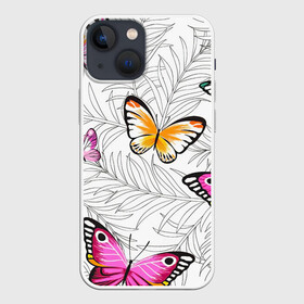 Чехол для iPhone 13 mini с принтом Яркий рой в Белгороде,  |  | бабочки | белый | желтый | оранжевый | прозрачный | розовый | фиолетовый | чёрный