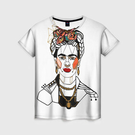 Женская футболка 3D с принтом Фрида Кало  в Белгороде, 100% полиэфир ( синтетическое хлопкоподобное полотно) | прямой крой, круглый вырез горловины, длина до линии бедер | кало | картинки | популярные | прикольные | фрида | цветы | человек