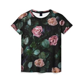 Женская футболка 3D с принтом PINK ROSES в Белгороде, 100% полиэфир ( синтетическое хлопкоподобное полотно) | прямой крой, круглый вырез горловины, длина до линии бедер | листья | растения | розовые | розы | цветы
