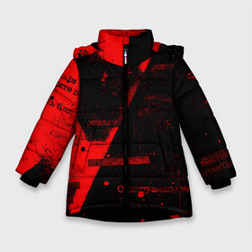 Зимняя куртка для девочек 3D с принтом Grunge art red в Белгороде, ткань верха — 100% полиэстер; подклад — 100% полиэстер, утеплитель — 100% полиэстер. | длина ниже бедра, удлиненная спинка, воротник стойка и отстегивающийся капюшон. Есть боковые карманы с листочкой на кнопках, утяжки по низу изделия и внутренний карман на молнии. 

Предусмотрены светоотражающий принт на спинке, радужный светоотражающий элемент на пуллере молнии и на резинке для утяжки. | Тематика изображения на принте: art | grunge | red | арт | буквы | гранж | красный | надпись | символы | слова | сообщение | текст | фраза | фразы