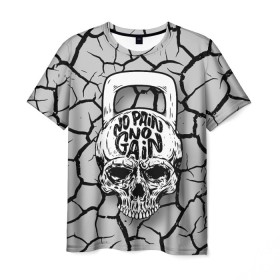 Мужская футболка 3D с принтом No pain no gain в Белгороде, 100% полиэфир | прямой крой, круглый вырез горловины, длина до линии бедер | cracks | orbits | skull | teeth | weight | гиря | глазницы | зубы | трещины | череп