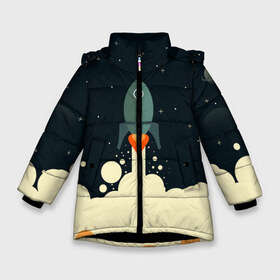 Зимняя куртка для девочек 3D с принтом ракета дым космос в Белгороде, ткань верха — 100% полиэстер; подклад — 100% полиэстер, утеплитель — 100% полиэстер. | длина ниже бедра, удлиненная спинка, воротник стойка и отстегивающийся капюшон. Есть боковые карманы с листочкой на кнопках, утяжки по низу изделия и внутренний карман на молнии. 

Предусмотрены светоотражающий принт на спинке, радужный светоотражающий элемент на пуллере молнии и на резинке для утяжки. | вверх | взлет | графика | детский | дым | космос | минимализм | ракета | рисунок | старт
