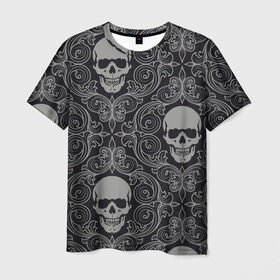 Мужская футболка 3D с принтом Весёлый Роджер в Белгороде, 100% полиэфир | прямой крой, круглый вырез горловины, длина до линии бедер | белый | веселый роджер | день мёртвых | череп | черепа | черный