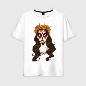 Женская футболка хлопок Oversize с принтом Миктлансиуатль в Белгороде, 100% хлопок | свободный крой, круглый ворот, спущенный рукав, длина до линии бедер
 | белый | девушка | день мёртвых | красный | оранжевый | роза | цветы | череп | черный