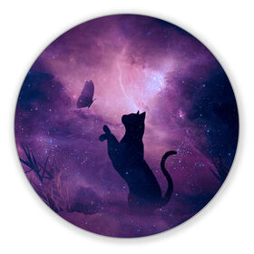 Коврик для мышки круглый с принтом Бабочка кот силуэт фиолетовый в Белгороде, резина и полиэстер | круглая форма, изображение наносится на всю лицевую часть | арт | бабочка | графика | дым | звезды | космос | кот | молния | образ | персонаж | рисунок | силуэт | сиреневый | туман | фантастика | фиолетовый | фэнтези | черная кошка | чернильный