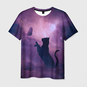 Мужская футболка 3D с принтом Бабочка кот силуэт фиолетовый в Белгороде, 100% полиэфир | прямой крой, круглый вырез горловины, длина до линии бедер | арт | бабочка | графика | дым | звезды | космос | кот | молния | образ | персонаж | рисунок | силуэт | сиреневый | туман | фантастика | фиолетовый | фэнтези | черная кошка | чернильный