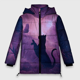 Женская зимняя куртка 3D с принтом Бабочка кот силуэт фиолетовый в Белгороде, верх — 100% полиэстер; подкладка — 100% полиэстер; утеплитель — 100% полиэстер | длина ниже бедра, силуэт Оверсайз. Есть воротник-стойка, отстегивающийся капюшон и ветрозащитная планка. 

Боковые карманы с листочкой на кнопках и внутренний карман на молнии | арт | бабочка | графика | дым | звезды | космос | кот | молния | образ | персонаж | рисунок | силуэт | сиреневый | туман | фантастика | фиолетовый | фэнтези | черная кошка | чернильный
