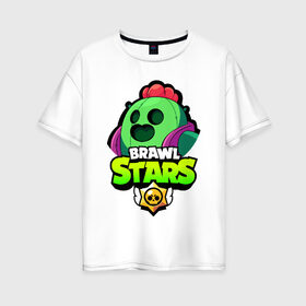 Женская футболка хлопок Oversize с принтом BRAWL STARS SPIKE в Белгороде, 100% хлопок | свободный крой, круглый ворот, спущенный рукав, длина до линии бедер
 | bibi | brawl stars | coach mike | crow | leon | leon shark | max | mecha crow | mr.p | phoenix | sally leon | spike | sprout | unicorn | virus 8 bit | werewolf | ворон | оборотень | пингвин