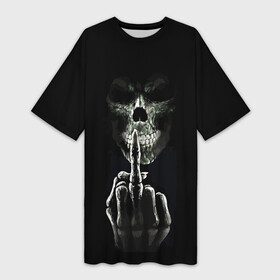 Платье-футболка 3D с принтом Finger в Белгороде,  |  | black | bones | finger | gesture | jaw | orbits | skull | teeth | глазницы | жест | зубы | кости | палец | пасть | череп | черный