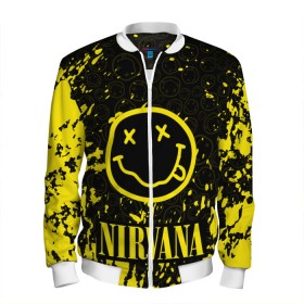 Мужской бомбер 3D с принтом NIRVANA в Белгороде, 100% полиэстер | застегивается на молнию, по бокам два кармана без застежек, по низу бомбера и на воротнике - эластичная резинка | Тематика изображения на принте: nirvana | nirvana smells like | rock | teen spirit | курт кобейн | нирвана | песни | рок.