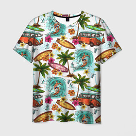 Мужская футболка 3D с принтом Летнее Настроение в Белгороде, 100% полиэфир | прямой крой, круглый вырез горловины, длина до линии бедер | волны | деревья | купальник | лето | листья | море | океан | остров | отпуск | пальмы | пляж | природа | птицы | путешествие | серфинг | солнце | спорт | таиланд | тропики | туризм | цветы