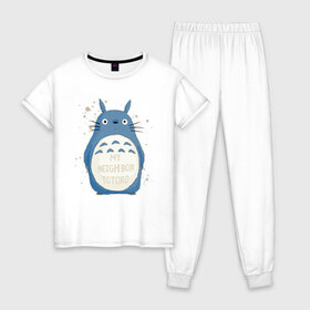 Женская пижама хлопок с принтом My Neighbor Totoro в Белгороде, 100% хлопок | брюки и футболка прямого кроя, без карманов, на брюках мягкая резинка на поясе и по низу штанин | Тематика изображения на принте: totoro | аниме | мой сосед тоторо | мультфильм | тоторо | фэнтези | хаяо миядзаки