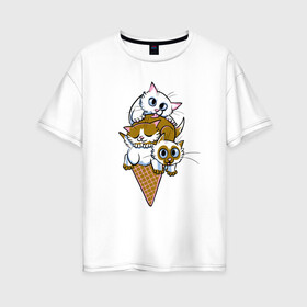 Женская футболка хлопок Oversize с принтом Ice Cream Cats в Белгороде, 100% хлопок | свободный крой, круглый ворот, спущенный рукав, длина до линии бедер
 | animal | cat | cute | kitty | meow | друг | еда | животные | киска | китти | кот | котенок | котик | кошечка | кошка | лев | леопард | милый | мороженое | мур | мяу | пантера | питомец | рысь | тигр | улыбка