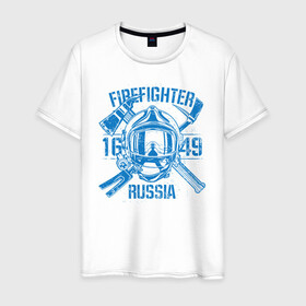 Мужская футболка хлопок с принтом FIREFIGHTER RUSSIA в Белгороде, 100% хлопок | прямой крой, круглый вырез горловины, длина до линии бедер, слегка спущенное плечо. | Тематика изображения на принте: 112 | 23 февраля | 27 декабря | firefighter | герб | гкчс | знак | лого | логотип | министерство | мчс | мчс россии | мчсник | по чрезв | пожарная охрана | пожарник | пожарный | пч | россии | рф | символ | ситуации