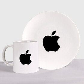 Набор: тарелка + кружка с принтом Apple в Белгороде, керамика | Кружка: объем — 330 мл, диаметр — 80 мм. Принт наносится на бока кружки, можно сделать два разных изображения. 
Тарелка: диаметр - 210 мм, диаметр для нанесения принта - 120 мм. | apple | техника | яблоко
