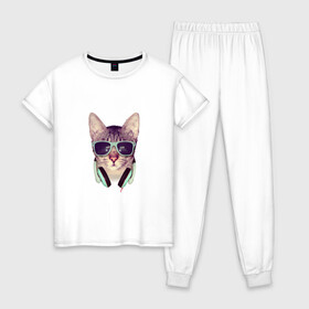 Женская пижама хлопок с принтом кот в очках и наушниках в Белгороде, 100% хлопок | брюки и футболка прямого кроя, без карманов, на брюках мягкая резинка на поясе и по низу штанин | кот | кошка | мода | модник | мятный | наушники | очки | реализм | салатный | фото | хипстер | черный