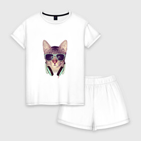 Женская пижама с шортиками хлопок с принтом кот в очках и наушниках в Белгороде, 100% хлопок | футболка прямого кроя, шорты свободные с широкой мягкой резинкой | кот | кошка | мода | модник | мятный | наушники | очки | реализм | салатный | фото | хипстер | черный
