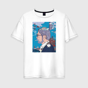 Женская футболка хлопок Oversize с принтом Хаяо Миядзаки в Белгороде, 100% хлопок | свободный крой, круглый ворот, спущенный рукав, длина до линии бедер
 | hayao miyazaki | аниме | гибли | студия ghibli | хаяо миядзаки