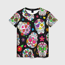 Женская футболка 3D с принтом Шальные черепа в Белгороде, 100% полиэфир ( синтетическое хлопкоподобное полотно) | прямой крой, круглый вырез горловины, длина до линии бедер | doodling | textures | tiles | день мёртвых | дудлинг | тайлы | текстуры | фон | цветы | череп | черепа | черный