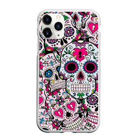Чехол для iPhone 11 Pro Max матовый с принтом Весёлые черепа в Белгороде, Силикон |  | doodling | textures | tiles | белый | день мёртвых | дудлинг | желтый | звезды | зеленый | красный | кремовый | розовый | синий | тайлы | текстуры | фон | цветы | череп | черепа | черный