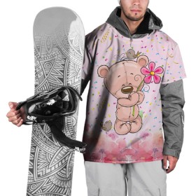 Накидка на куртку 3D с принтом Милый мишка с цветочком в Белгороде, 100% полиэстер |  | воробушек | воробьи | медведь | медвежонок | мишка | плюшевый мишка | подарок | птичка | цветок | цветочки