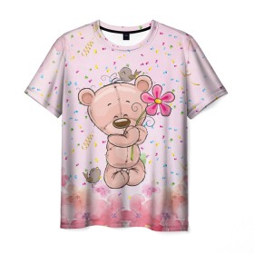 Мужская футболка 3D с принтом Милый мишка с цветочком в Белгороде, 100% полиэфир | прямой крой, круглый вырез горловины, длина до линии бедер | воробушек | воробьи | медведь | медвежонок | мишка | плюшевый мишка | подарок | птичка | цветок | цветочки