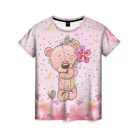 Женская футболка 3D с принтом Милый мишка с цветочком в Белгороде, 100% полиэфир ( синтетическое хлопкоподобное полотно) | прямой крой, круглый вырез горловины, длина до линии бедер | воробушек | воробьи | медведь | медвежонок | мишка | плюшевый мишка | подарок | птичка | цветок | цветочки