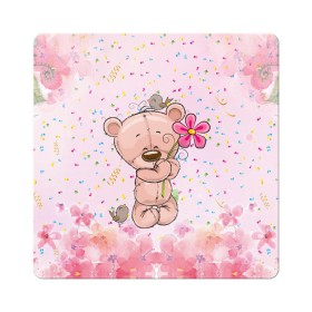 Магнит виниловый Квадрат с принтом Милый мишка с цветочком в Белгороде, полимерный материал с магнитным слоем | размер 9*9 см, закругленные углы | воробушек | воробьи | медведь | медвежонок | мишка | плюшевый мишка | подарок | птичка | цветок | цветочки