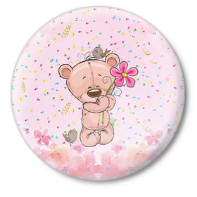 Значок с принтом Милый мишка с цветочком в Белгороде,  металл | круглая форма, металлическая застежка в виде булавки | воробушек | воробьи | медведь | медвежонок | мишка | плюшевый мишка | подарок | птичка | цветок | цветочки