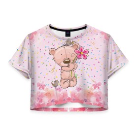Женская футболка Crop-top 3D с принтом Милый мишка с цветочком в Белгороде, 100% полиэстер | круглая горловина, длина футболки до линии талии, рукава с отворотами | воробушек | воробьи | медведь | медвежонок | мишка | плюшевый мишка | подарок | птичка | цветок | цветочки
