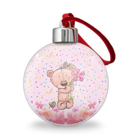Ёлочный шар с принтом Милый мишка с цветочком в Белгороде, Пластик | Диаметр: 77 мм | воробушек | воробьи | медведь | медвежонок | мишка | плюшевый мишка | подарок | птичка | цветок | цветочки