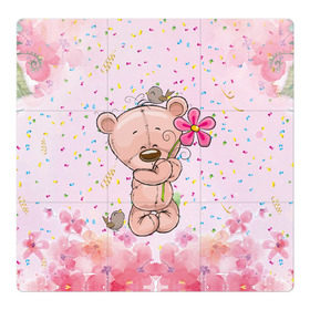 Магнитный плакат 3Х3 с принтом Милый мишка с цветочком в Белгороде, Полимерный материал с магнитным слоем | 9 деталей размером 9*9 см | воробушек | воробьи | медведь | медвежонок | мишка | плюшевый мишка | подарок | птичка | цветок | цветочки
