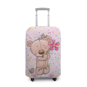 Чехол для чемодана 3D с принтом Милый мишка с цветочком в Белгороде, 86% полиэфир, 14% спандекс | двустороннее нанесение принта, прорези для ручек и колес | воробушек | воробьи | медведь | медвежонок | мишка | плюшевый мишка | подарок | птичка | цветок | цветочки
