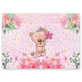 Поздравительная открытка с принтом Милый мишка с цветочком в Белгороде, 100% бумага | плотность бумаги 280 г/м2, матовая, на обратной стороне линовка и место для марки
 | воробушек | воробьи | медведь | медвежонок | мишка | плюшевый мишка | подарок | птичка | цветок | цветочки