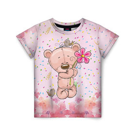Детская футболка 3D с принтом Милый мишка с цветочком в Белгороде, 100% гипоаллергенный полиэфир | прямой крой, круглый вырез горловины, длина до линии бедер, чуть спущенное плечо, ткань немного тянется | Тематика изображения на принте: воробушек | воробьи | медведь | медвежонок | мишка | плюшевый мишка | подарок | птичка | цветок | цветочки
