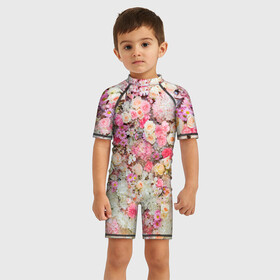 Детский купальный костюм 3D с принтом Цветочное поле в Белгороде, Полиэстер 85%, Спандекс 15% | застежка на молнии на спине | doodling | textures | tiles | белый | дудлинг | желтый | красный | розовый | розы | тайлы | текстуры | фиолетовый | фон | цветы