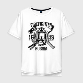 Мужская футболка хлопок Oversize с принтом FIREFIGHTER RUSSIA в Белгороде, 100% хлопок | свободный крой, круглый ворот, “спинка” длиннее передней части | Тематика изображения на принте: 112 | 23 февраля | 27 декабря | firefighter | герб | гкчс | знак | лого | логотип | министерство | мчс | мчс россии | мчсник | по чрезв | пожарная охрана | пожарник | пожарный | пч | россии | рф | символ | ситуации