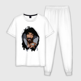 Мужская пижама хлопок с принтом Snoop Dogg в Белгороде, 100% хлопок | брюки и футболка прямого кроя, без карманов, на брюках мягкая резинка на поясе и по низу штанин
 | Тематика изображения на принте: 2pac | black | dog | dr dre | hip hop | rap | snoop dogg | west coast | гангстер | микрофон | музыка | рифма | рэп | рэпер | снуп дог | собака | хип хоп