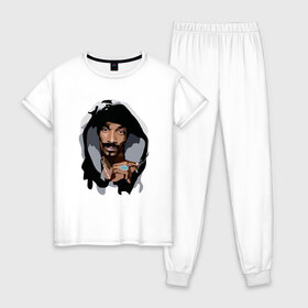 Женская пижама хлопок с принтом Snoop Dogg в Белгороде, 100% хлопок | брюки и футболка прямого кроя, без карманов, на брюках мягкая резинка на поясе и по низу штанин | 2pac | black | dog | dr dre | hip hop | rap | snoop dogg | west coast | гангстер | микрофон | музыка | рифма | рэп | рэпер | снуп дог | собака | хип хоп